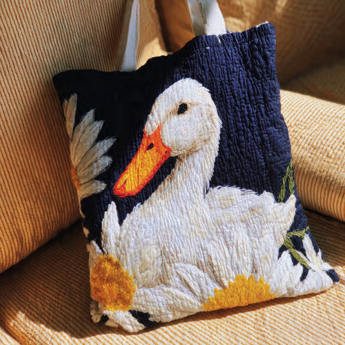 Daisy Goose Embroidered Quilted Tote Bag – Midnight Navy