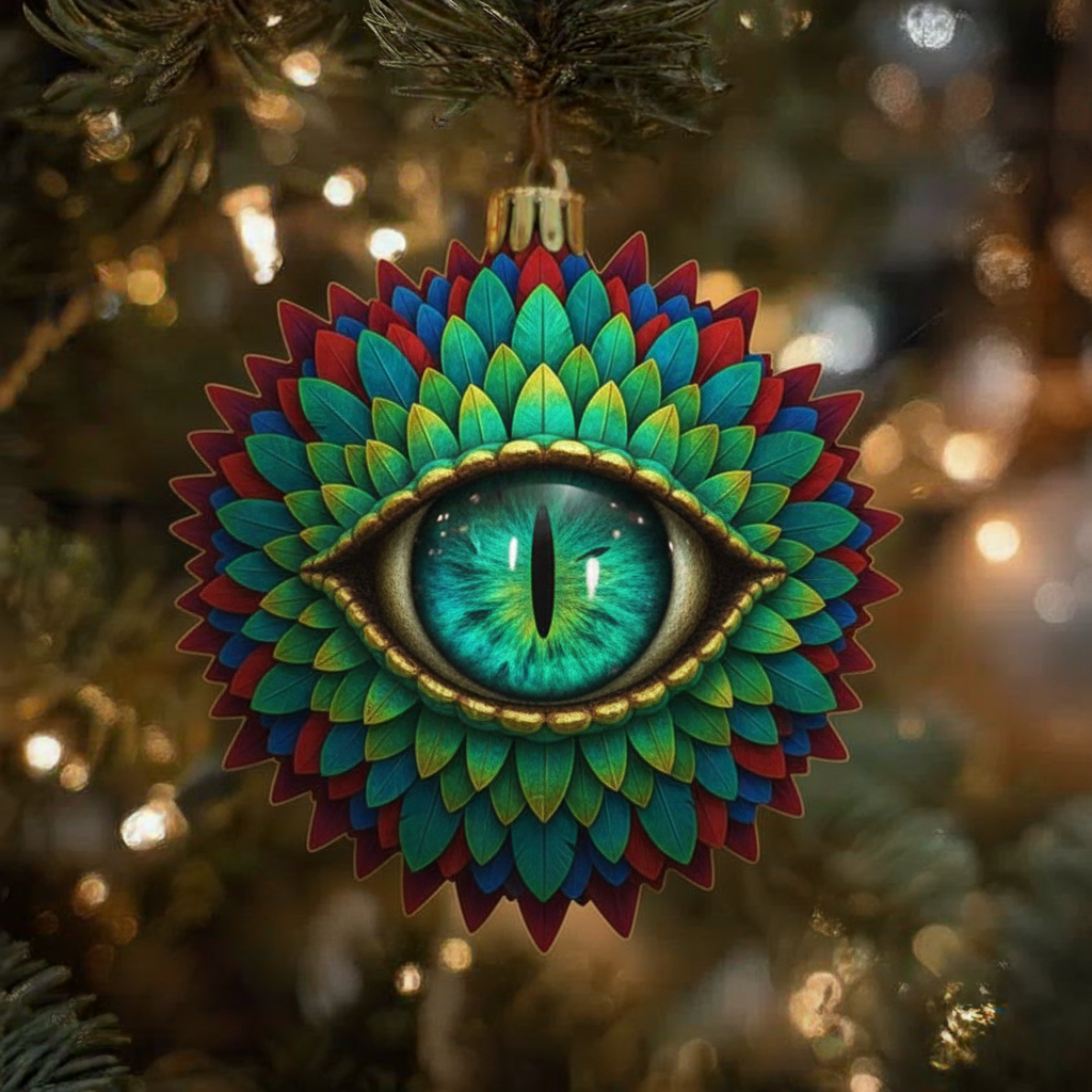 Emerald Dragon Eye Ornament — Jewel-Tone Petal Wreath with Gold Trim — Fantasy Tree Decor