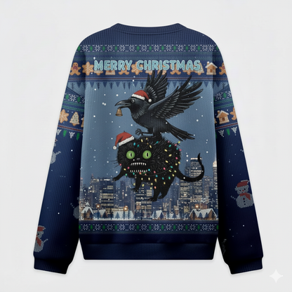 🐦 Dark Christmas Cat & Crow Sweater – Creepy Funny Holiday Pullover Gift