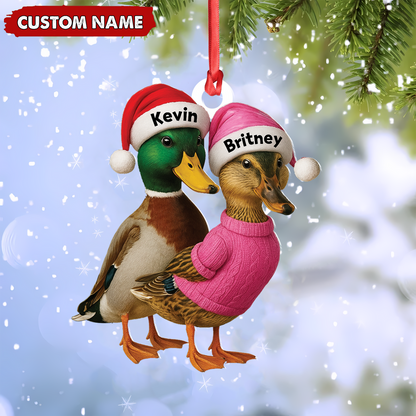 Custom Funny Duck Couple Christmas Ornament - Personalized Names, Custom Gift for Couples & Animal Lovers