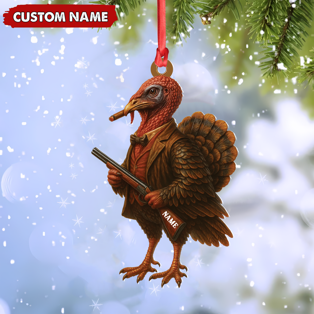 Personalized Funny Turkey Hunter Ornament, Dapper Gobbler with Gun Christmas Decor, Unique Gag Gift for Hunters and Men