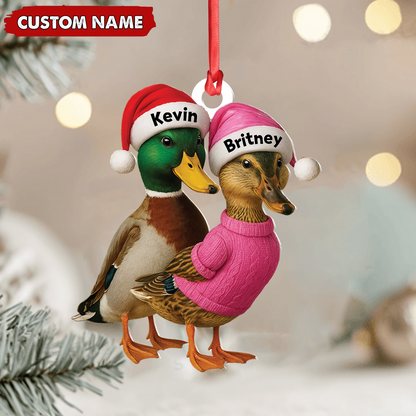 Custom Funny Duck Couple Christmas Ornament - Personalized Names, Custom Gift for Couples & Animal Lovers