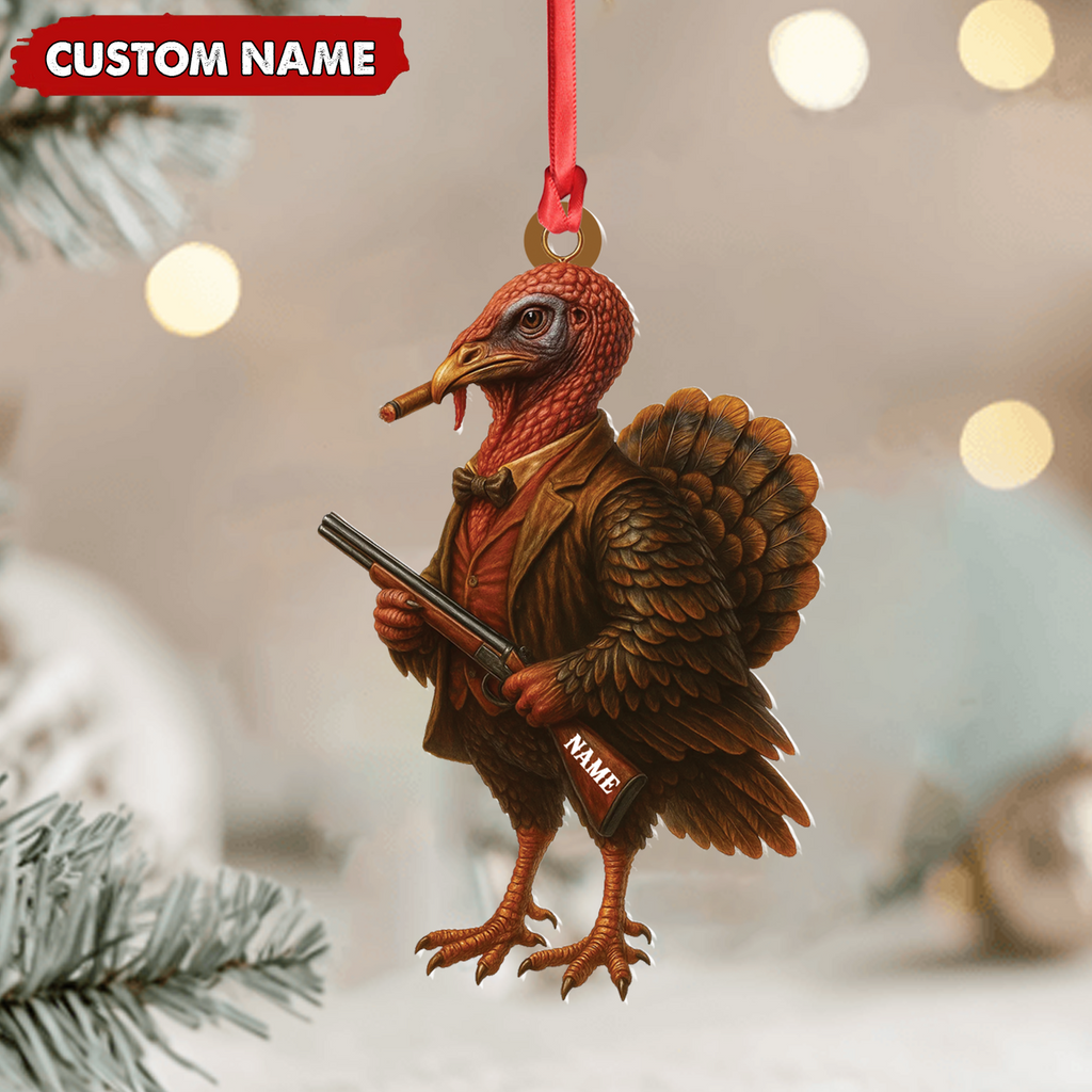 Personalized Funny Turkey Hunter Ornament, Dapper Gobbler with Gun Christmas Decor, Unique Gag Gift for Hunters and Men