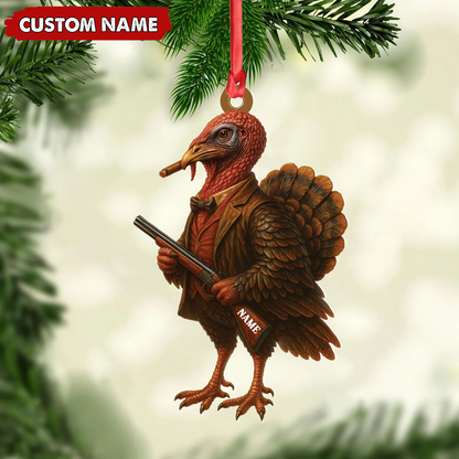 Personalized Funny Turkey Hunter Ornament, Dapper Gobbler with Gun Christmas Decor, Unique Gag Gift for Hunters and Men