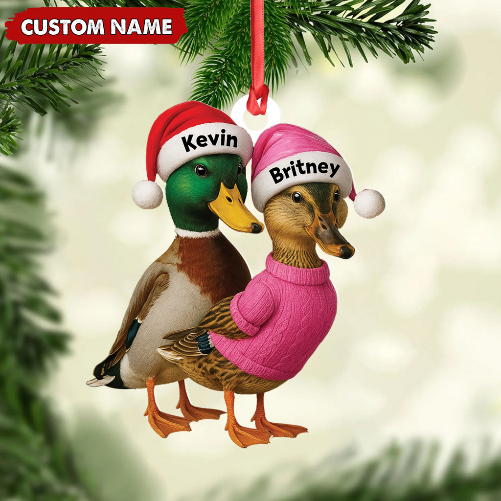 Custom Funny Duck Couple Christmas Ornament - Personalized Names, Custom Gift for Couples & Animal Lovers