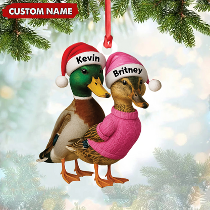 Custom Funny Duck Couple Christmas Ornament - Personalized Names, Custom Gift for Couples & Animal Lovers