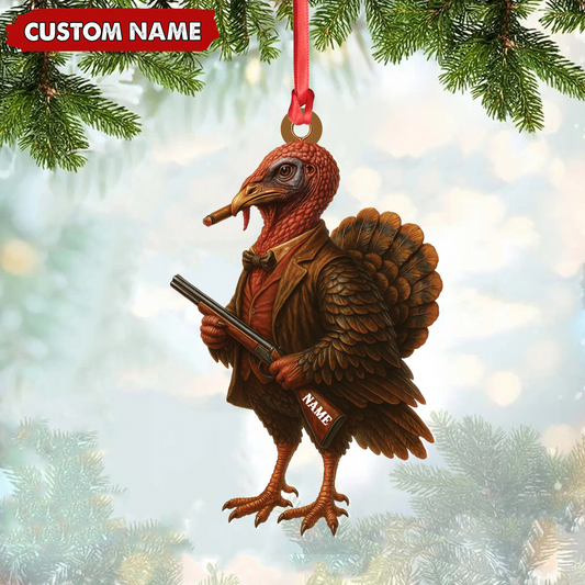 Personalized Funny Turkey Hunter Ornament, Dapper Gobbler with Gun Christmas Decor, Unique Gag Gift for Hunters and Men
