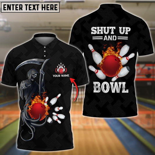 Bowling And Pins Flame Black Skull Pattern Premium Customized Name 3D Shirt