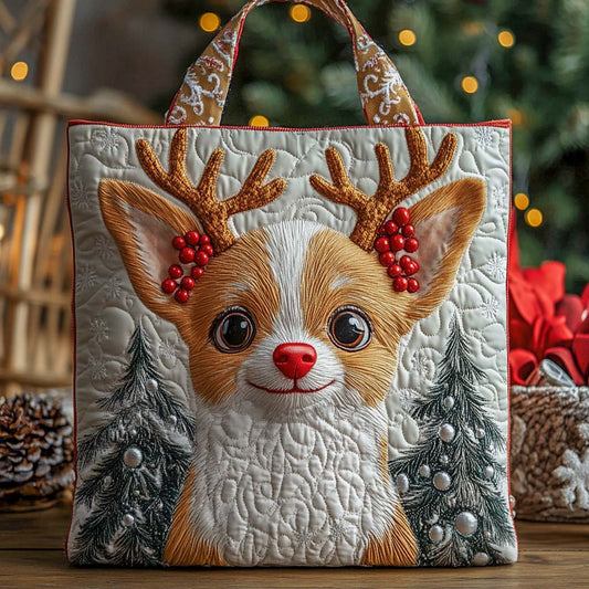 Holiday Reindeer Dog Quilted Tote Bag