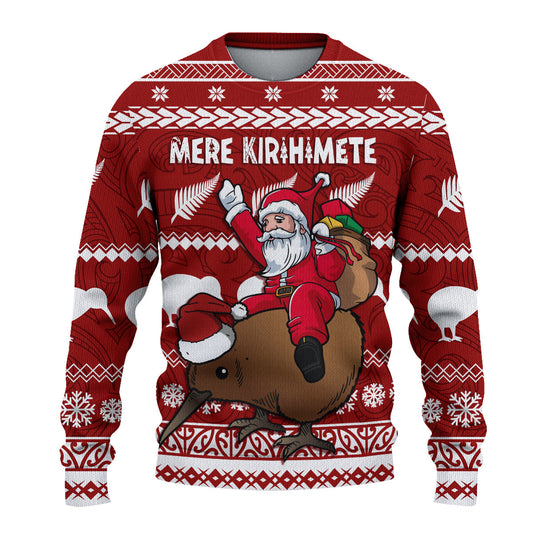 Xmas Knitted Sweatshirt Mere Kirihimete - Santa With Kiwi Bird
