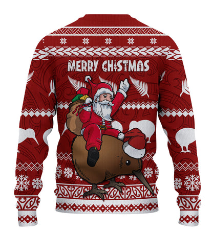 Xmas Knitted Sweatshirt Mere Kirihimete - Santa With Kiwi Bird
