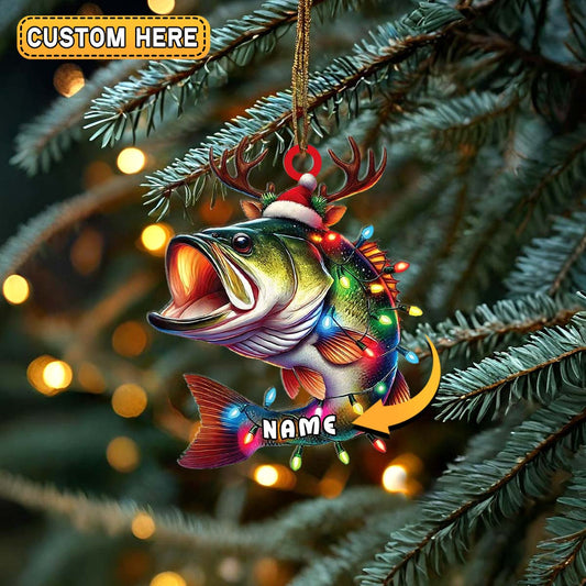 Personalized Bass Fishing with Antlers and Lights Christmas 3D Ornament, Custom Holiday Tree Decor, Perfect Gift for Fishermen