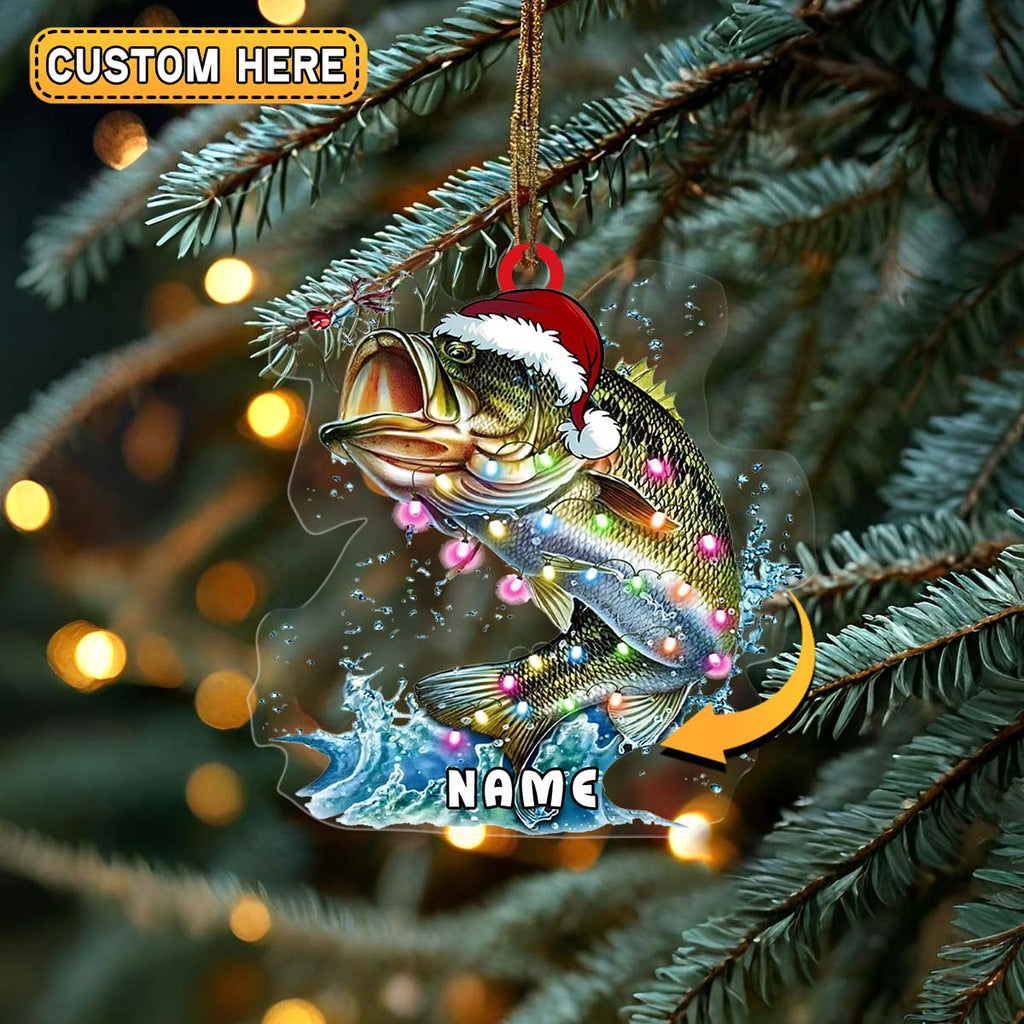 Personalized Bass Fishing with Santa Hat and Lights Christmas 3D Ornament, Custom Holiday Tree Decor, Perfect Gift for Fishermen