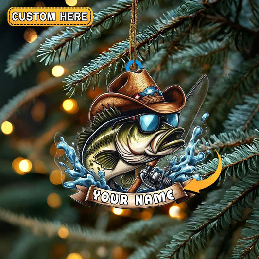 Personalized Cowboy Bass Fishing with Rod Christmas 3D Ornament, Custom Holiday Tree Decor, Perfect Gift for Fishermen