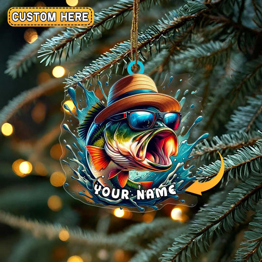 Personalized Bass Fishing with Straw Hat and Sunglasses Christmas 3D Ornament, Custom Holiday Tree Decor, Perfect Gift for Fishermen