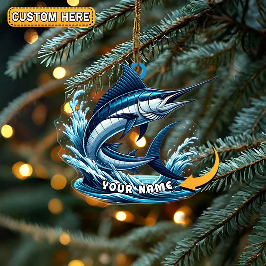 Personalized Marlin Fishing Jumping Wave Christmas 3D Ornament, Custom Holiday Tree Decor, Perfect Gift for Fishermen