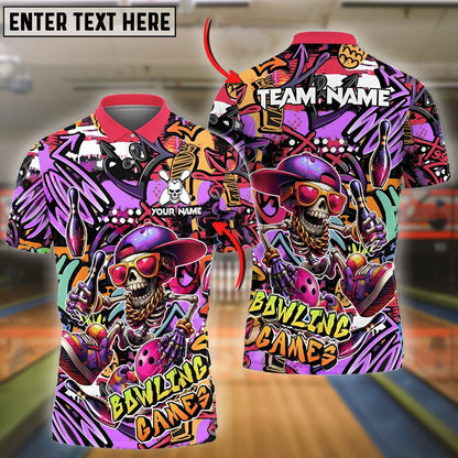 Bowling Funny Skull Colorful Graffiti Personalized Name, Team Name 3D Shirt (4 Colors)