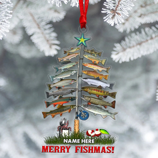 Merry Fishmas Flat Fishing - Personalized Custom Shaped Acrylic Ornament - Christmas Gift For Him, for Dad, Fishing Lovers