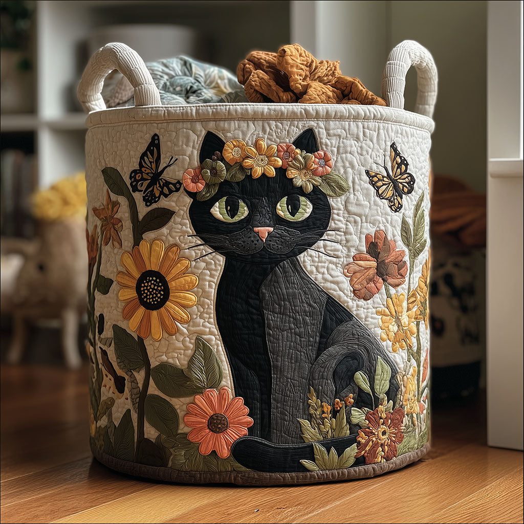 Petal and Purr Quilted Laundry Basket