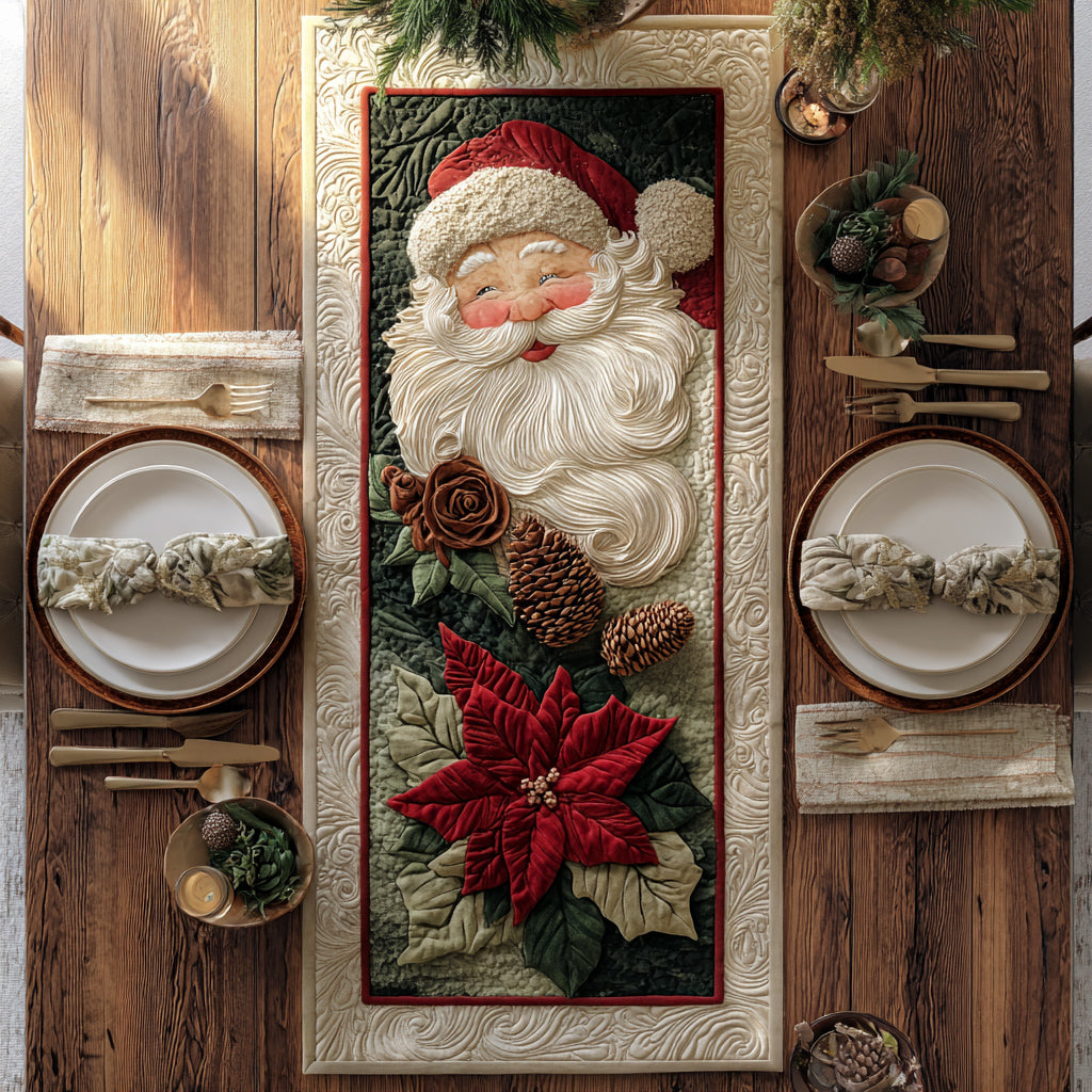 Poinsettia Santa Claus Quilted Table Runner