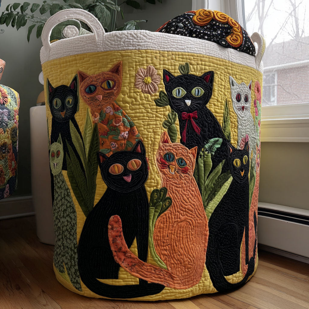 Purring Blossoms Quilted Laundry Basket