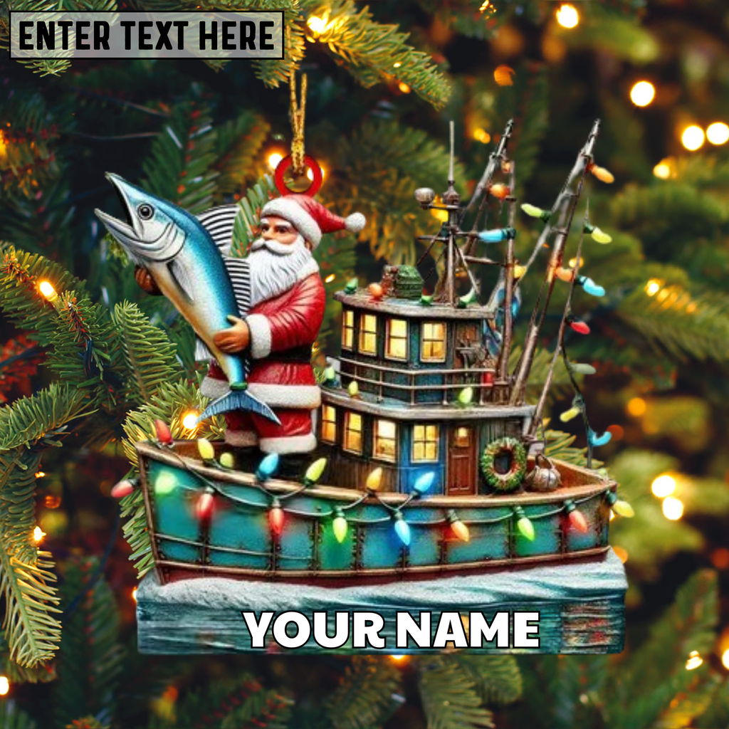 Fishing Santa Christmas Ornament, Personalized Holiday Decoration