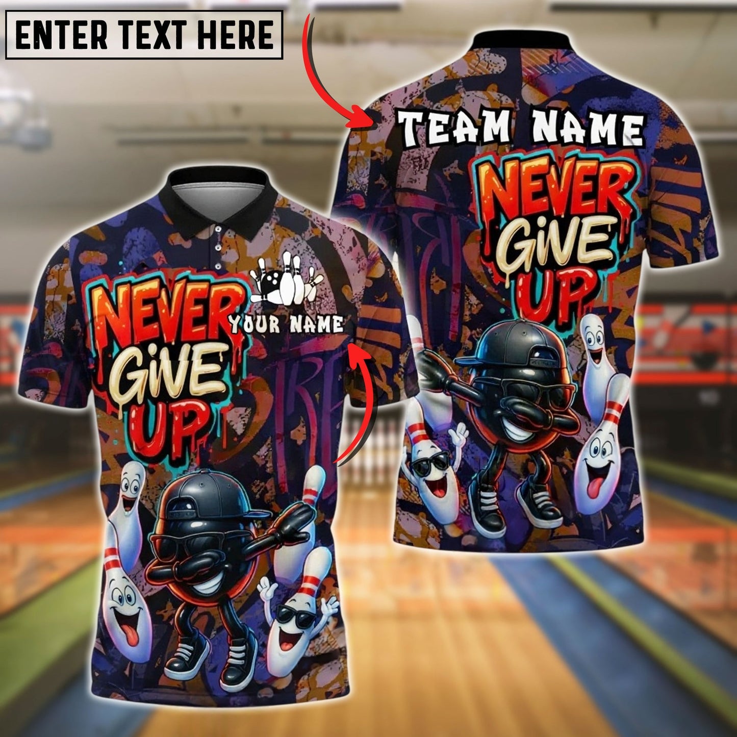 Bowling And Pins Graffiti Never Give Up Dab Customized Name, Team Name 3D Shirt (4 Colors)