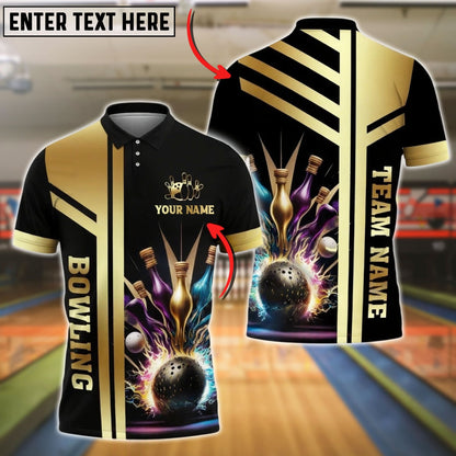 Bowling And Pins Premium Gold Customized Name 3D Shirt (6 Colors)