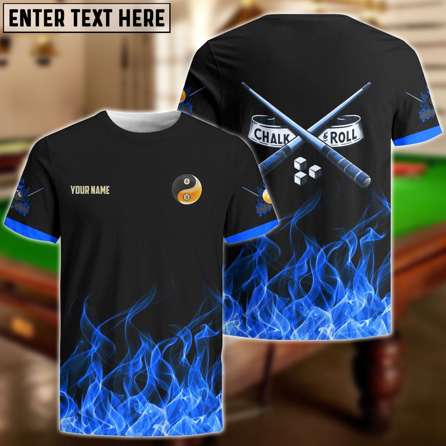 Billiards 8-Ball & 9-Ball Fire Pattern Blue Shirt