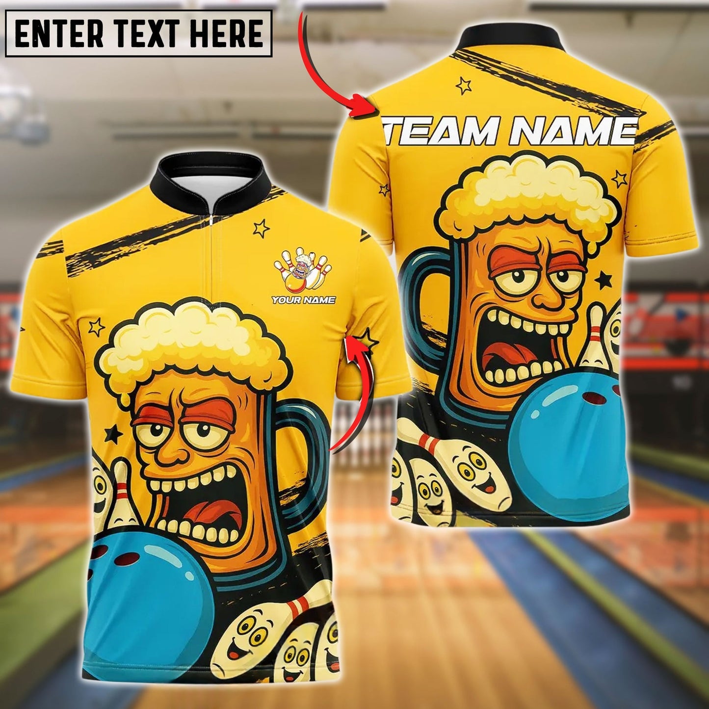 Bowling And Pins Funny Beer Mug Customized Name, Team Name 3D Shirt (4 Colors)