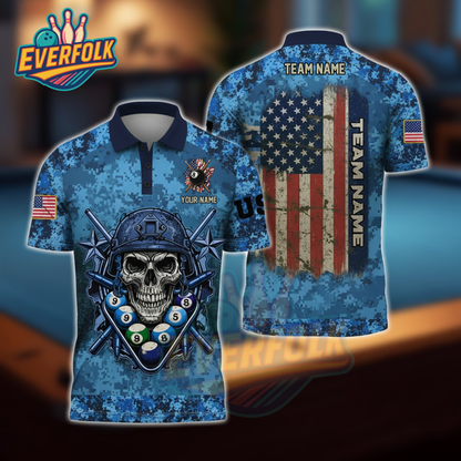 Proud U.S. Veteran Billiards Polo – American Flag Skull Team Shirt