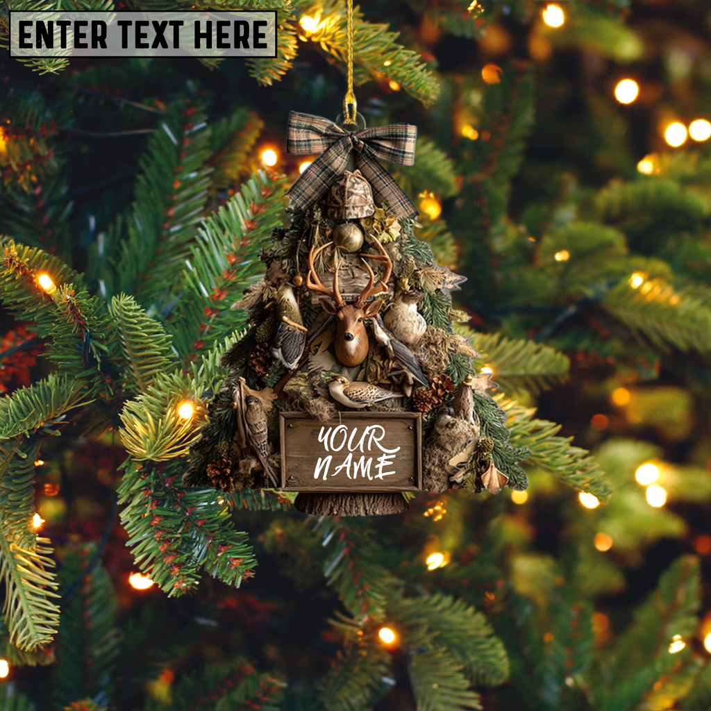 Personalized Hunter Lodge Christmas Ornament – Flat Tree Shaped Holiday Decor with Deer, Birds & Bow, Custom Rustic Gift, 2D Flat Ornament