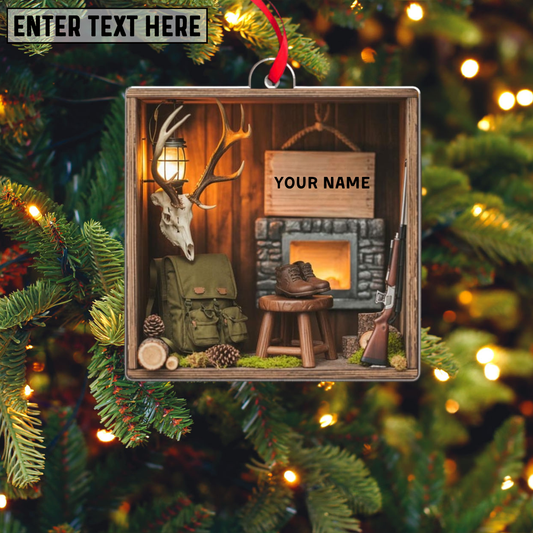 Personalized Hunting Cabin Ornament: Rustic Acrylic Hunter Gift 🔥