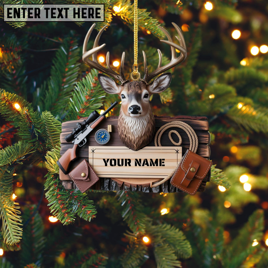 Personalized Deer Hunter Ornament, Buck Head Decor, Custom Name Hunting Gift, Rifle Christmas Ornament, Outdoorsman Xmas Keepsake