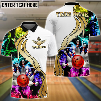 Bowling And Pins White Multicolor Golden Smoke Pattern Personalized Name, Team Name Shirt
