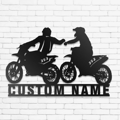 Custom Couple Biker Metal Wall Art -Personalized Dirt Bike Name Sign Decoration, Motorcycle Home Decor Motocross Rider