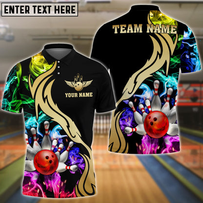 Bowling And Pins Black Multicolor Golden Smoke Pattern Personalized Name, Team Name Unisex Shirt