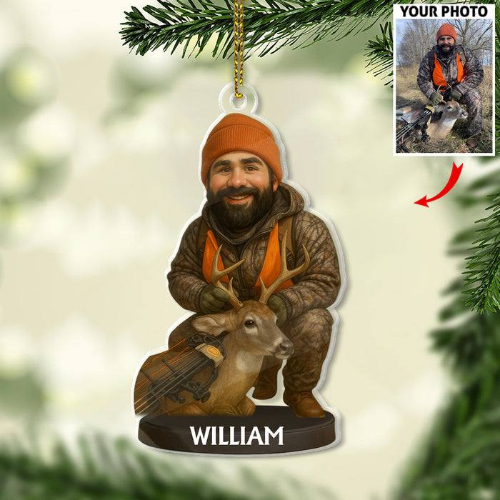 Custom Caricature-Style Portrait Ornament from Your Photo – Personalized Acrylic Christmas Ornament, Unique Gift for Hunting Lovers and Hunters