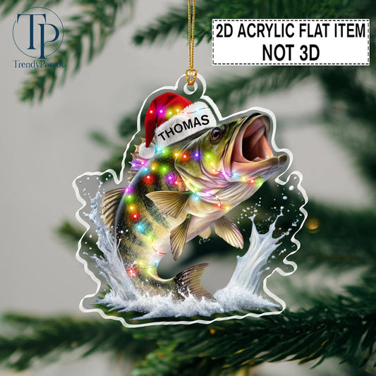 Bass Fish Ornament, Bass Fish with Santa Hat Christmas Tree Ornament, Fishing Fisherman Ornament, Custom Ornaments for Him, Fishing Gift