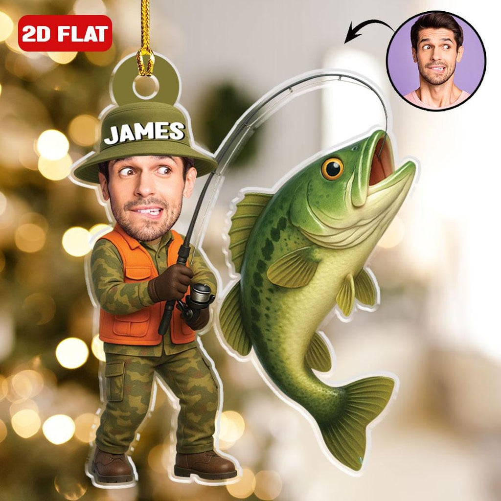 Custom Fishing Photo Ornament Personalized Fishing Picture Ornament For Dads Fly Fisherman Angler Bass Trout Fish Ornament Reel Cool Grandpa