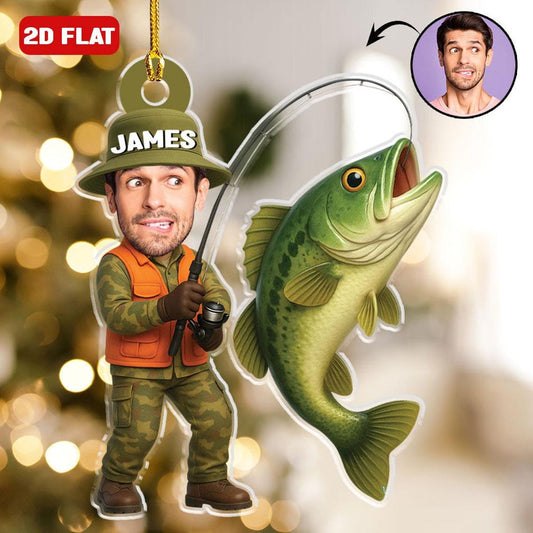 Custom Fishing Photo Ornament Personalized Fishing Picture Ornament For Dads Fly Fisherman Angler Bass Trout Fish Ornament Reel Cool Grandpa