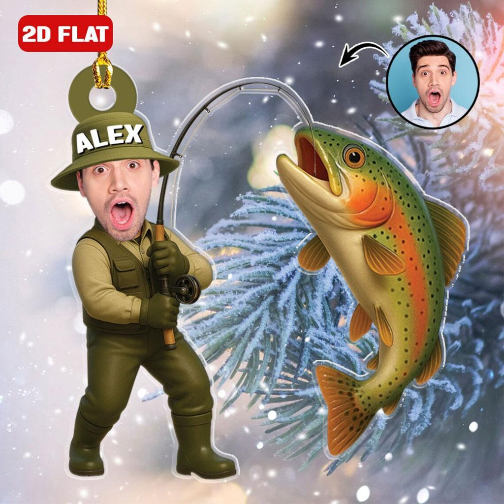 Custom Fishing Photo Ornament Personalized Fishing Picture Ornament For Dads Fly Fisherman Angler Bass Trout Fish Ornament Reel Cool Grandpa
