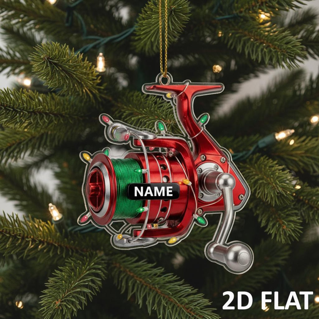 Personalized Fishing Reel 2D FLAT Ornament, Custom Fisherman Christmas Decor, Fishing Lover Xmas Tree Gift, Angler Holiday Ornament