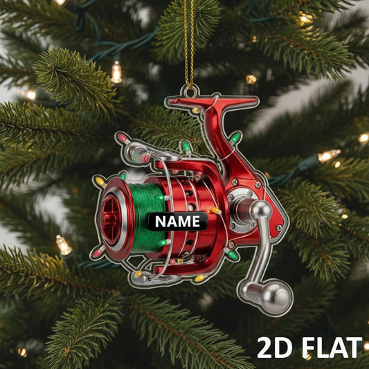Personalized Fishing Reel 2D FLAT Ornament, Custom Fisherman Christmas Decor, Fishing Lover Xmas Tree Gift, Angler Holiday Ornament