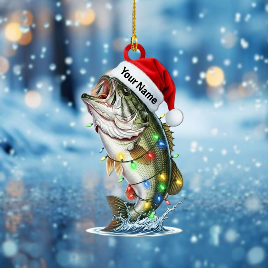 Personalized Bass Fish Christmas Ornament, Custom Name Fishing Gift for Dad/Him, Santa Hat Largemouth Bass Tree Decor