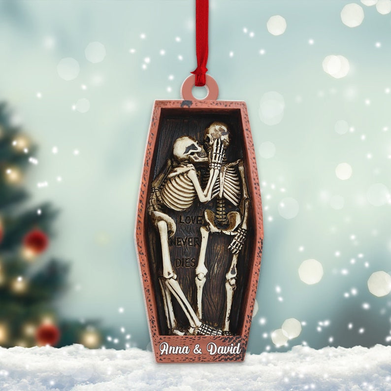 Personalized Skull Couple Christmas Ornament, Skeleton Couple Acrylic Ornament, Skeleton Santa Hat, Black Rose Heart, Skull Couple Ornament