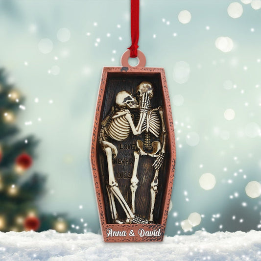 Personalized Skull Couple Christmas Ornament, Skeleton Couple Acrylic Ornament, Skeleton Santa Hat, Black Rose Heart, Skull Couple Ornament
