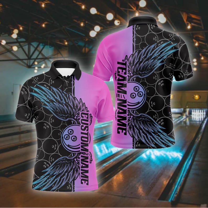 Custom Bowling Team Shirt, Polo, Pink & Black Winged Ball Design, Personalized Bowling Shirt for Men, Women, Custom Name Team, Gift For Man