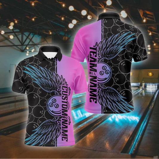 Custom Bowling Team Shirt, Polo, Pink & Black Winged Ball Design, Personalized Bowling Shirt for Men, Women, Custom Name Team, Gift For Man