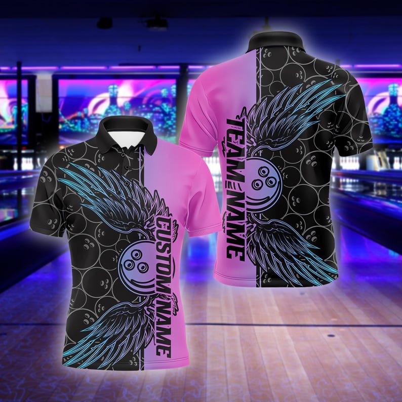 Custom Bowling Team Shirt, Polo, Pink & Black Winged Ball Design, Personalized Bowling Shirt for Men, Women, Custom Name Team, Gift For Man